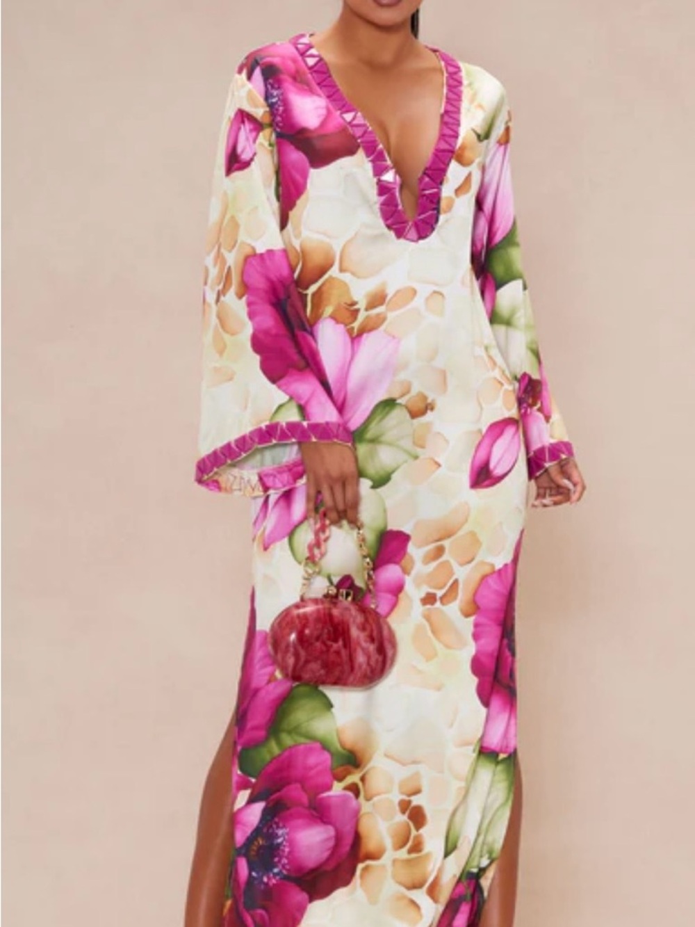 Floral V-Neck Maxi Dress in Pink and Cream - Picture 5 of 7